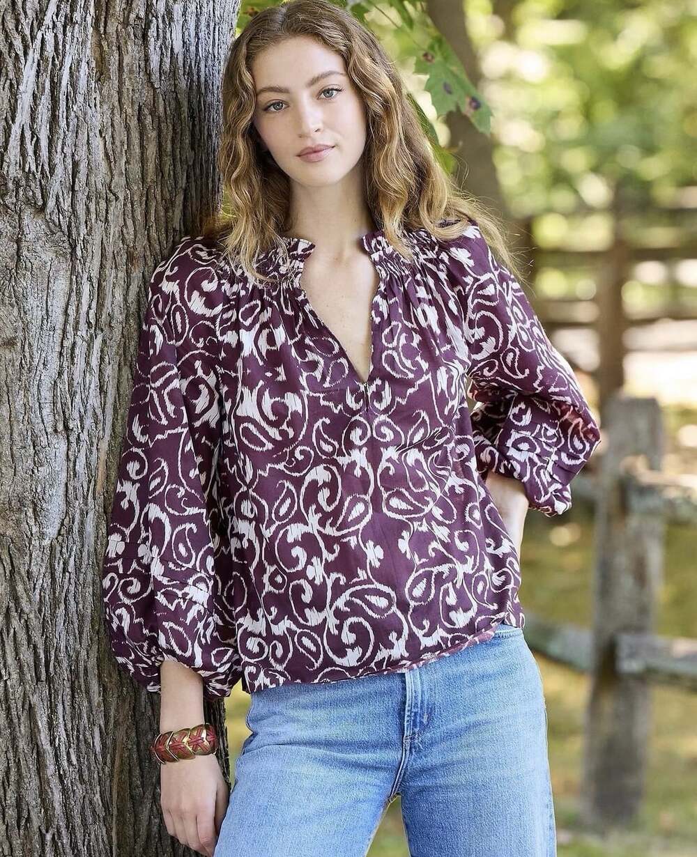 Figue Donna Top Plum White Ikat Cotton Smocked Ruffle Blouse XS Cotton Boho Chic